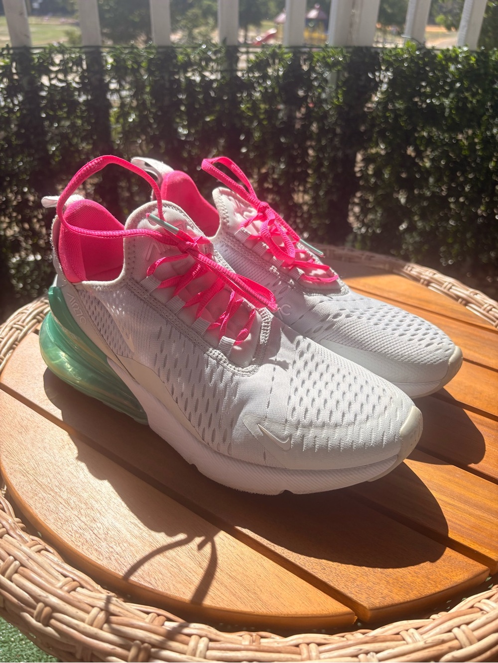 Nike Women's White Sneakers with Hot Pink Laces and Mint Heel